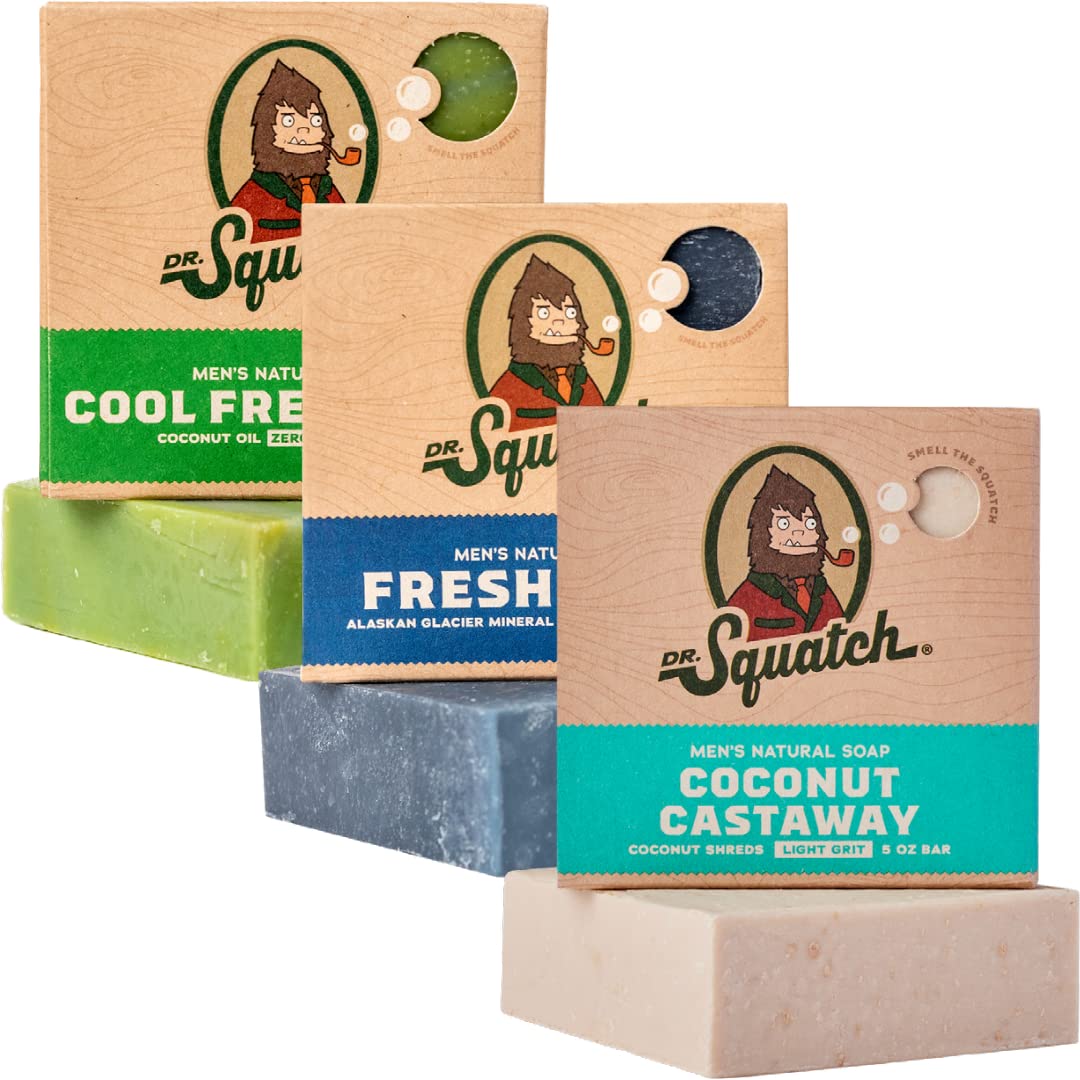 Dr. Squatch Natural Men’s Bar Soap - Cold Process Body Soap Bar with Natural Oils - Gifts for Men - Coconut Castaway, Fresh Falls & Cool Fresh Aloe (5 oz, 3-Pack)