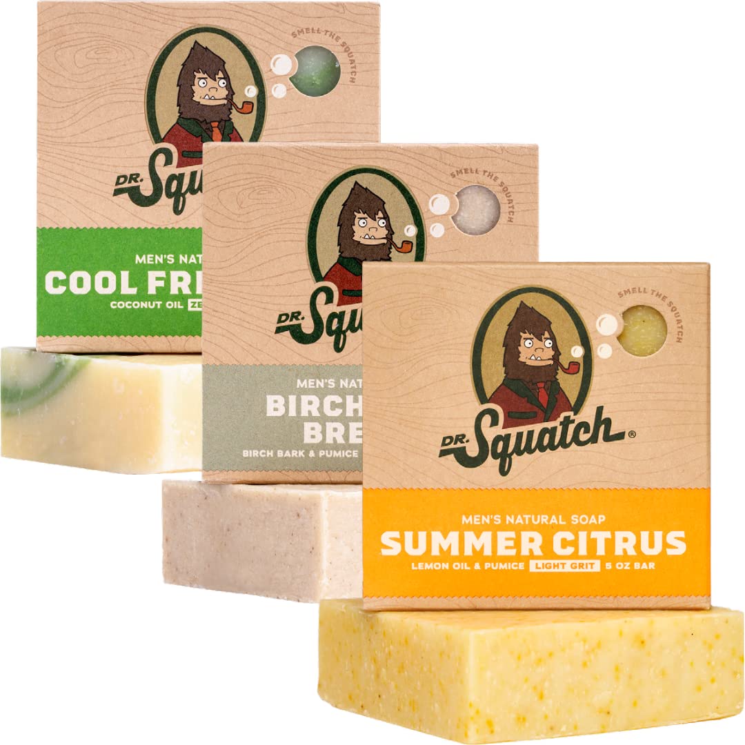 Dr. Squatch Natural Men’s Bar Soap - Cold Process Body Soap Bar with Natural Oils - Gifts for Men - Coconut Castaway, Fresh Falls & Cool Fresh Aloe (5 oz, 3-Pack)