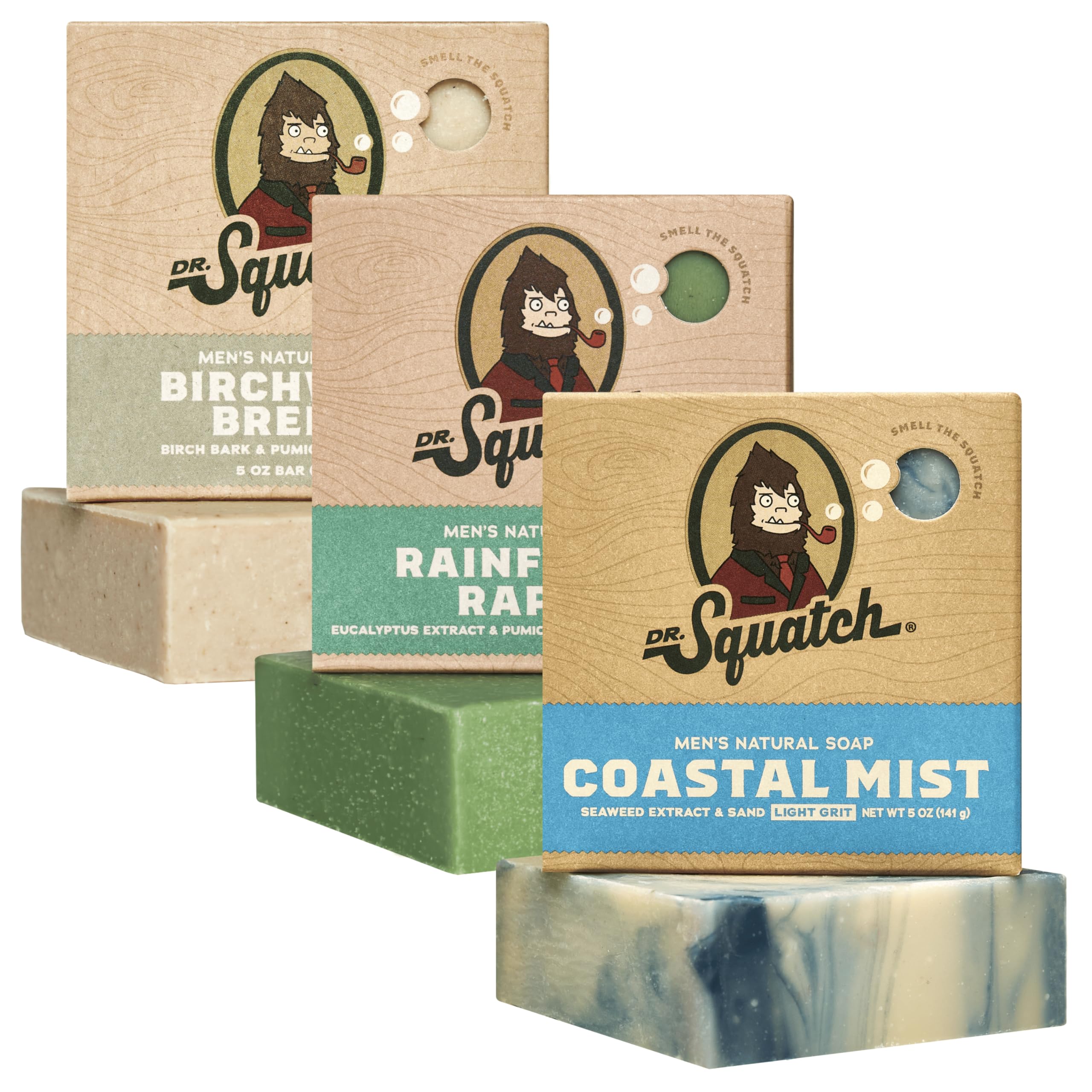 Dr. Squatch Natural Men’s Bar Soap - Cold Process Body Soap Bar with Natural Oils - Gifts for Men - Coconut Castaway, Fresh Falls & Cool Fresh Aloe (5 oz, 3-Pack)